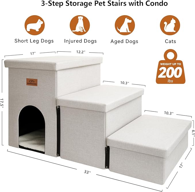 Dog Stairs, Dog Steps for High Beds 17.5"H, Folding Pet Stairs for Small Medium or Large Dogs Puppy with Storage for Bed and Couch, Dog Ramp for Car Hold Up to 200 lbs (Beige Gray, 3 Steps with Condo)