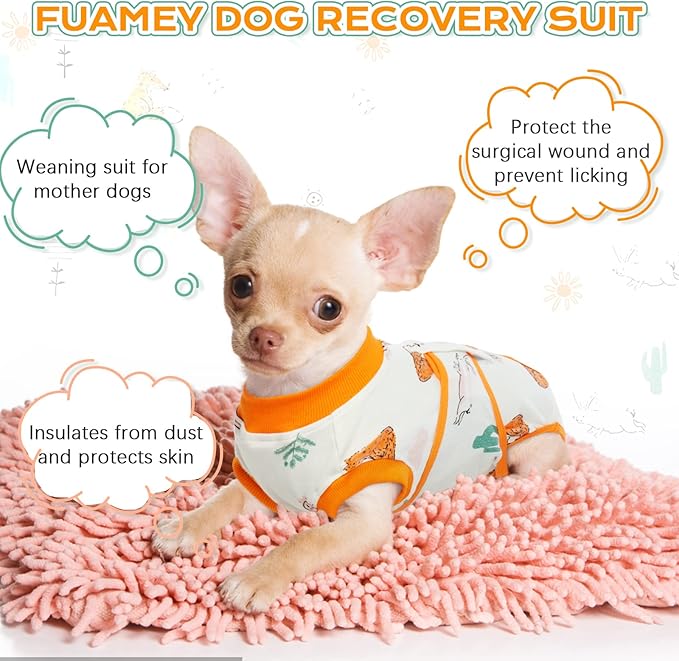 FUAMEY Recovery Suit for Dogs After Surgery,Soft Breathable Dog Bodysuit E-Collar & Cone Alternative Surgical Suit,Male Female Dog Neuter Spay Suits Anti Licking Wounds Onesie Orange Fox S