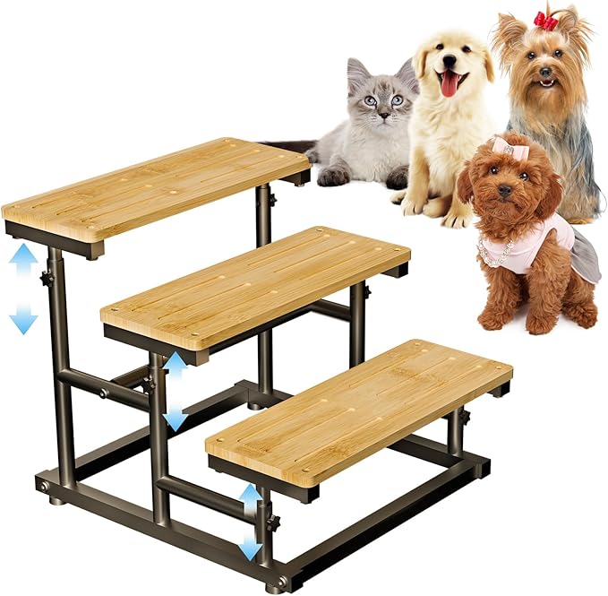 Adjustable Bamboo Dog Steps for Sofa, Chair, Car SUV, 3-Tier Pet Dog Stairs for High Bed & Couch,Deformable Height Steps Puppy Stairs, Loaded Up to 60Lbs for Small Medium Dog Cat