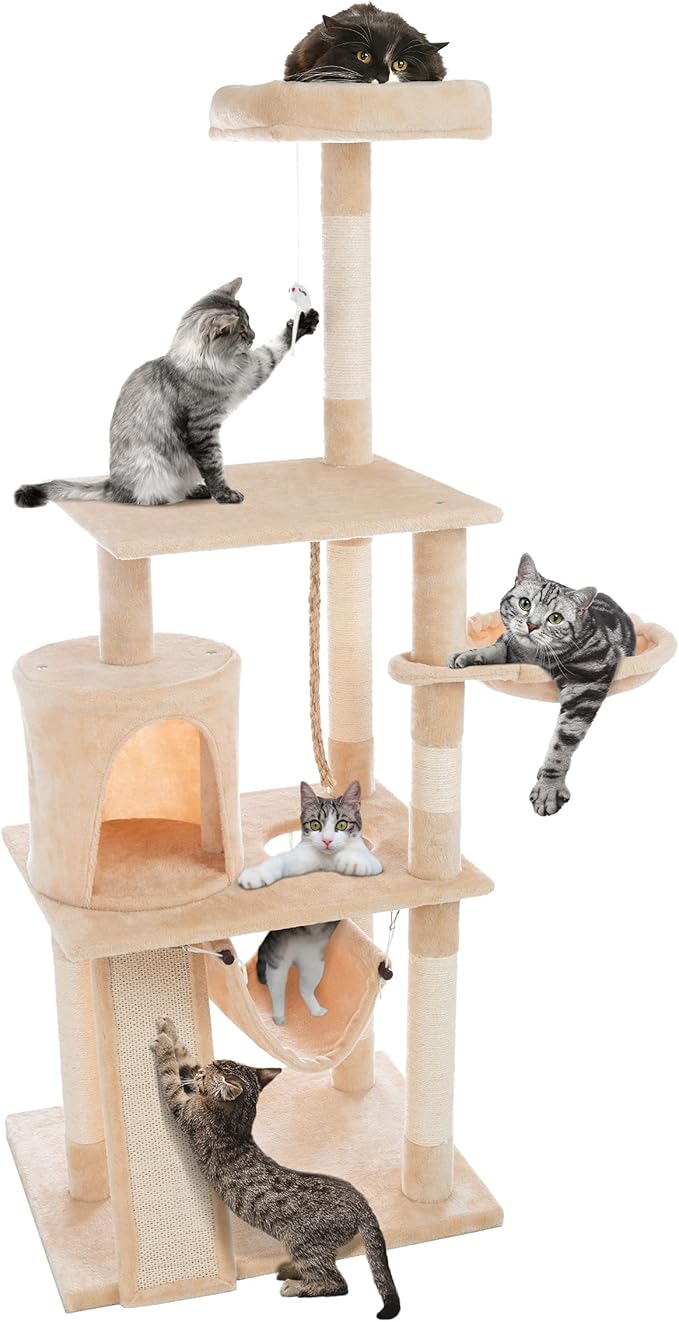 PETMAKER 4-Tier Deluxe Cat Tower - Large Scratching Board, 6 Scratch Posts, Napping Perches, Kitty Condo Hut, 2 Hammocks and Hanging Toys