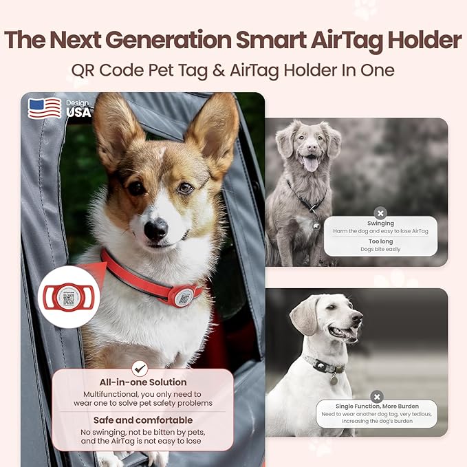 AirTag Dog Collar Holder, Smart QR Code AirTag Holder for Cats and Dogs - Scan Alert | Instant Location | Pet Online Profile | Contacts Info | Pet APP Remote Control (1 Pack, Red)