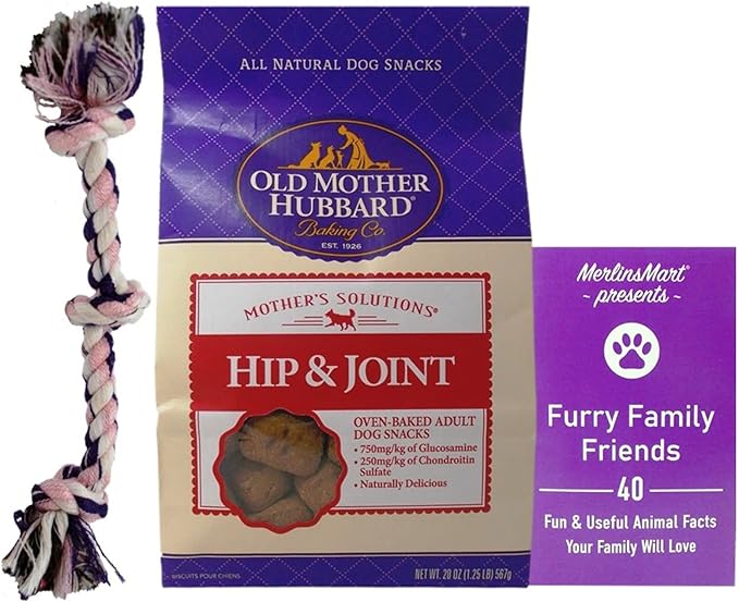 Old Mother Hubbard Mother's Solutions Hip & Joint Dog Treats - Functional Snacks (20 Ounces) - Plus Rope Toy and Fun Animal Facts Booklet Bundle