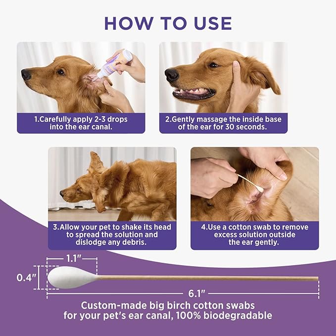 HICC PET Dog Ear Cleaner - Dog Ear Inflammation Therapy with 0.012% Hypochlorous Acid for Itch Relief, Soothe Ear Inflammation, Removes Wax, Odor, with 30 Cotton Swabs, 4 Fl oz