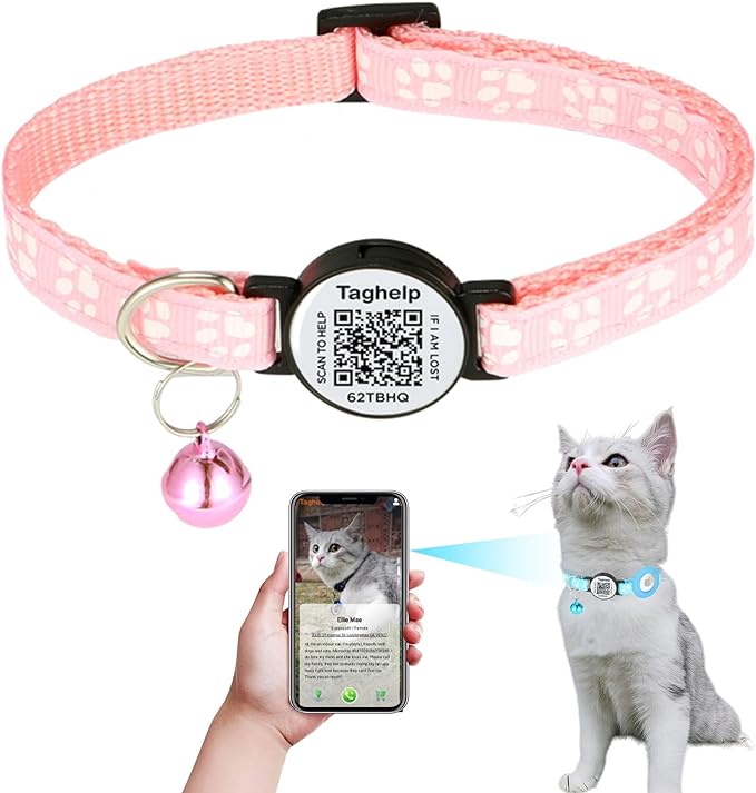 Personalized Cat Collar with Name TAG,Adjustable Tough Nylon Cat ID Collars with Bell, smaet ID Pet Name and Phone Number.NO APP | No Subscription or fees (Pink Cute paw Print)