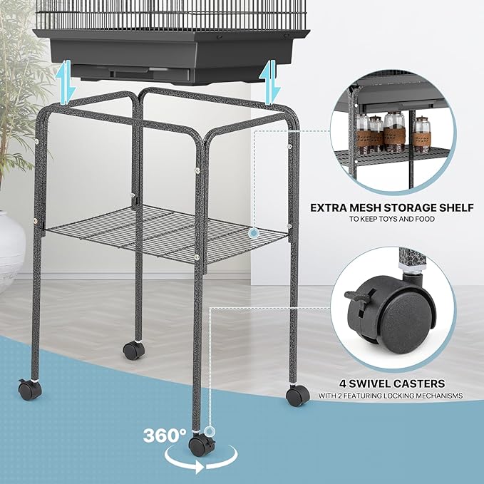 MoNiBloom 61 Inch Bird Cage with Detachable Rolling Stand, Large Flight Cage with Side-Out Tray for Parakeets Canaries Cockatiels Lovebirds Conures, Black