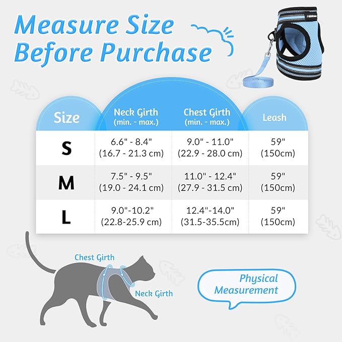 rabbitgoo Cat Harness and Leash Set for Walking Escape Proof, Adjustable Soft Kittens Vest with Reflective Strip for Cats, Comfortable Outdoor Vest, Light Blue, M