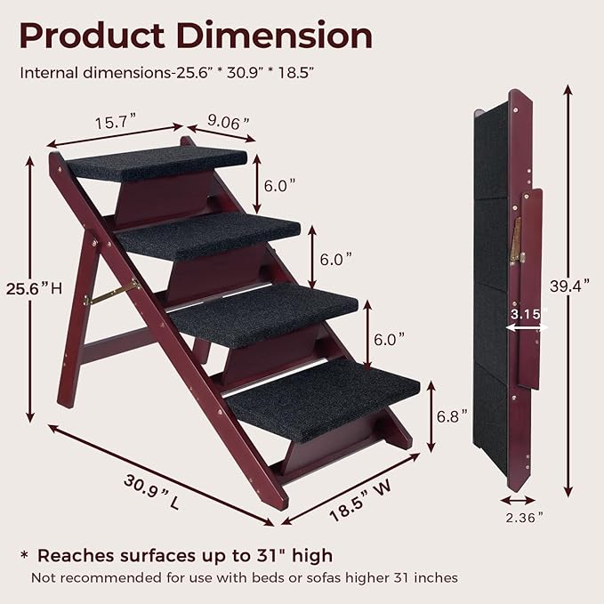 Wooden Dog Stairs/Steps - Foldable 4 steps Dog Steps for High Bed Couch Cars, Non-Slip Pet Stairs for Small Large Medium Dogs and Cats, No Assembly Required