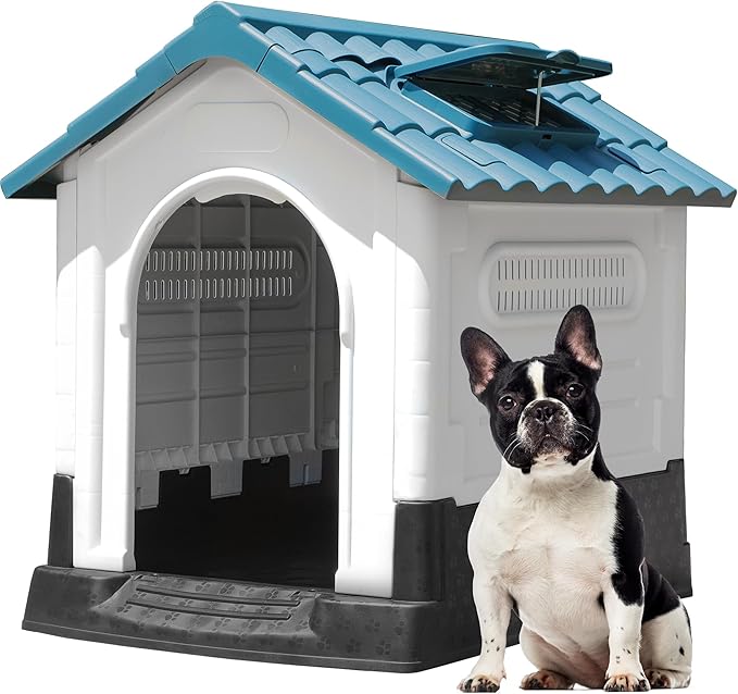 YITAHOME 26.8'' Folding Large Dog House Outdoor Plastic Doghouse with Adjustable Skylight and Elevated Base Water Resistant Pet House for Small Dogs (26.8''L*22.4''W*26''H)