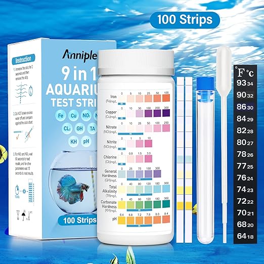 9 in 1 Aquarium Test Strips - 100 Strips Aquarium Water Test Kits for Freshwater Saltwater - Testing for Iron, Copper, Nitrite, Nitrate, pH, GH & KH, Chlorine, Total Alkalinity