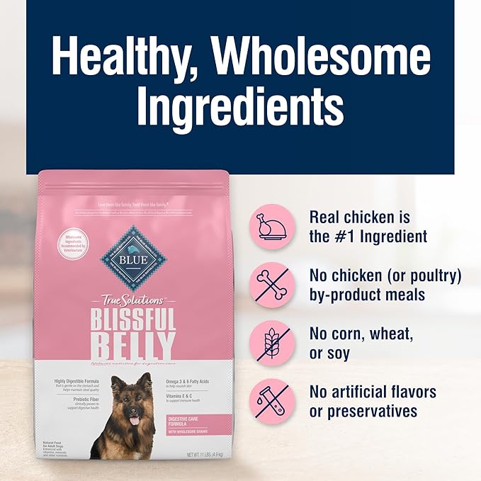 Blue Buffalo True Solutions Blissful Belly Adult Dry Dog Food, Digestive Care Formula, Helps Maintain Stool Quality, Made in the USA with Natural Ingredients, Chicken, 11-lb. Bag