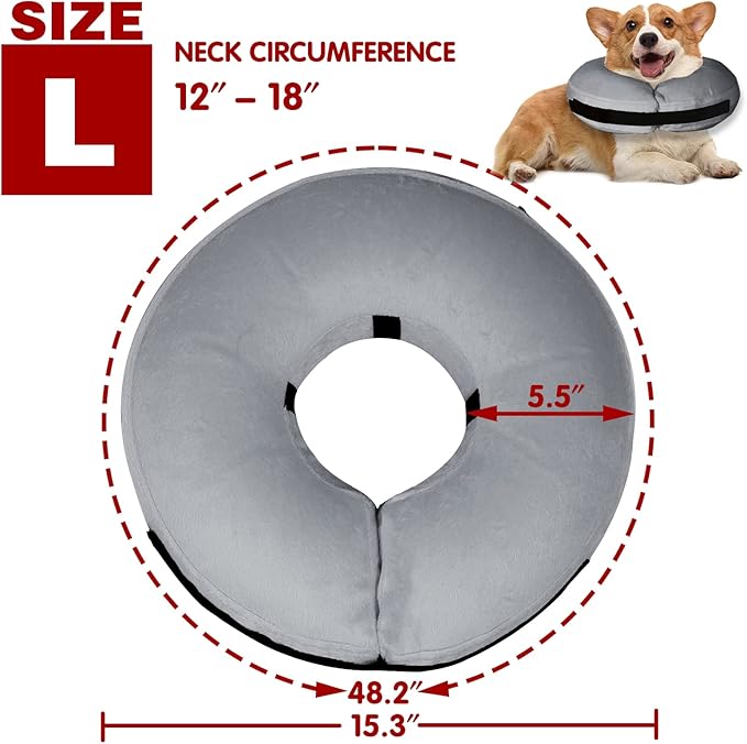 Inflatable Dog Collar-Soft Protective Cone for Dogs After Surgery,Dog Donut Collar Suitable for Dogs and Cats,Dog Cone Collar to Prevent Pets from Touching Stitches,Wounds and Rashes(Grey,L)