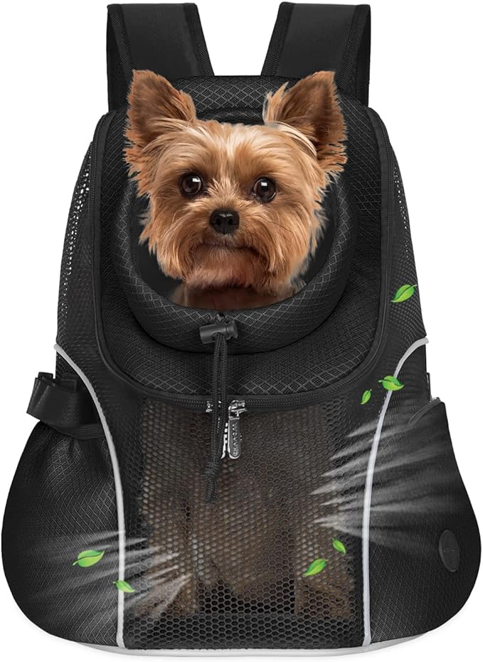 WOYYHO Pet Dog Carrier Backpack Small Dog Front Backpack Ventilated Mesh Dog Travel Back Pack with Safety Belt for Travel Hiking Cycling Outdoor Use (M (5-9 lbs), Black)