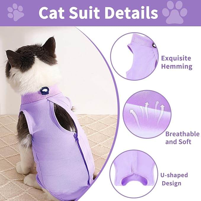 Cat Recovery Suit for Female Cat, Breathable Cat Onesie for Abdominal Wounds Skin Diseases After Surgery, E-Collar Alternative Cat Surgery Shirt Anti Licking-Purple(M)