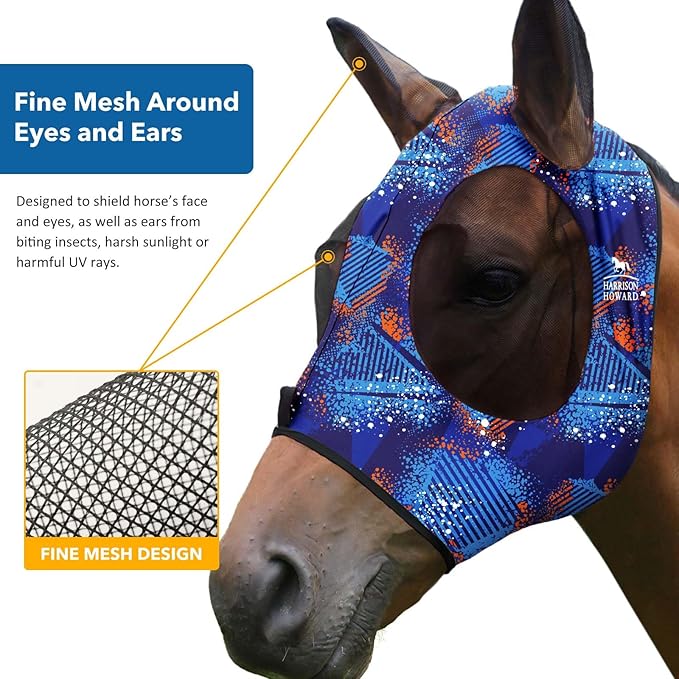 Harrison Howard Super Comfort Stretchy Fly Mask Large Eye Space with UV Protection Soft on Skin with Breathability Chic Blue L