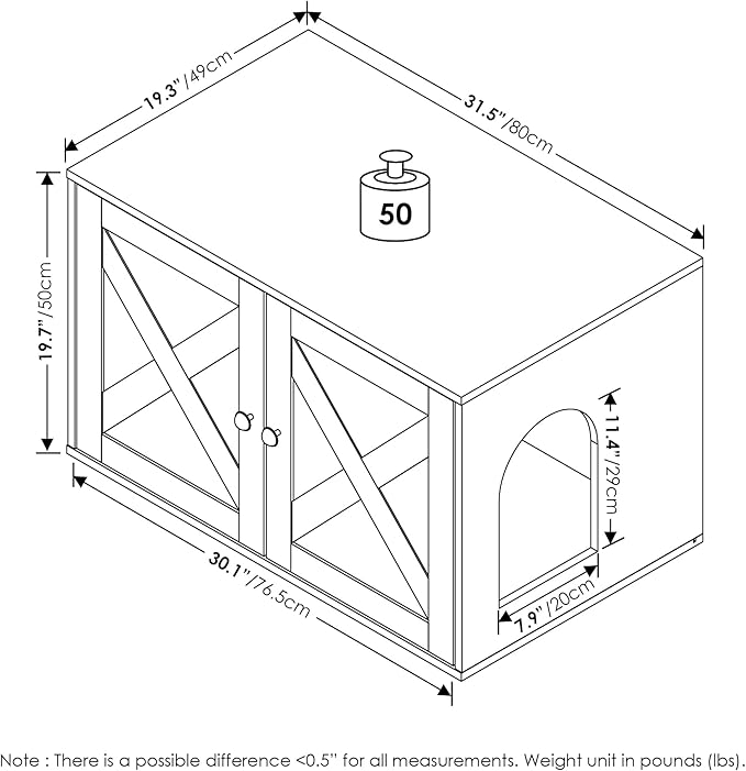 Furinno Peli Farmhouse Cat Litter Box Enclosure, White Wash