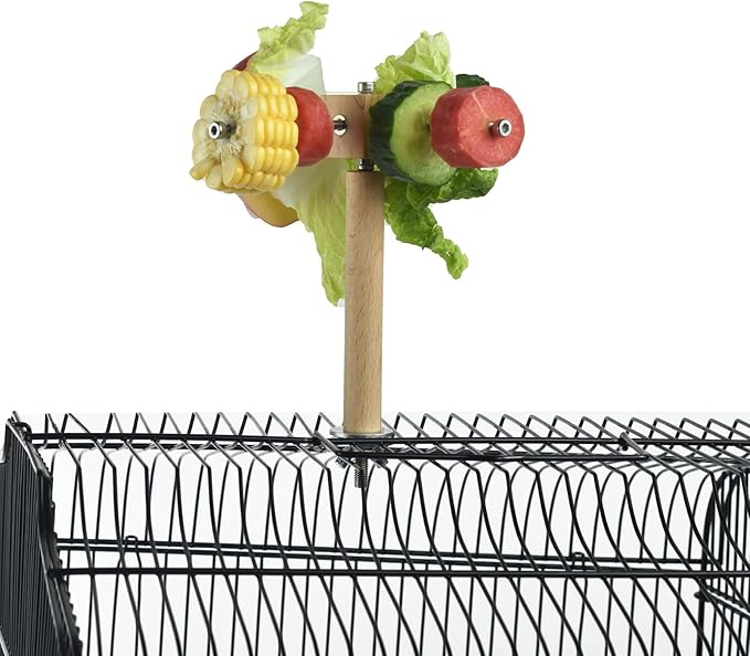 Sturdy Bird Food Holder, Wooden Perch for Cage, Rotating Stand for Fresh Fruits and Veggies, Interactive Toy for Parrots, Reducing Boredom