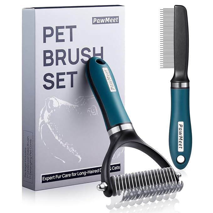 Deshedding Dog Brush Dog Comb Combo, Professional Undercoat Rake, Pet Grooming Brush for Dog Cat Grooming Supplies, Dematting Deshedding Brush Dogs Shedding Tool for Long Matted Haired Pets