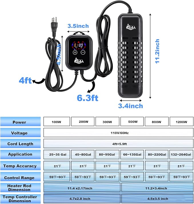 AQQA Submersible Aquarium Heater,100W/200W/300W/500W/800W/1000W/1200W Fish Tank Heater,External Temperature Controller LED Temperature Display,Suitable for Saltwater and Freshwater(1200W)