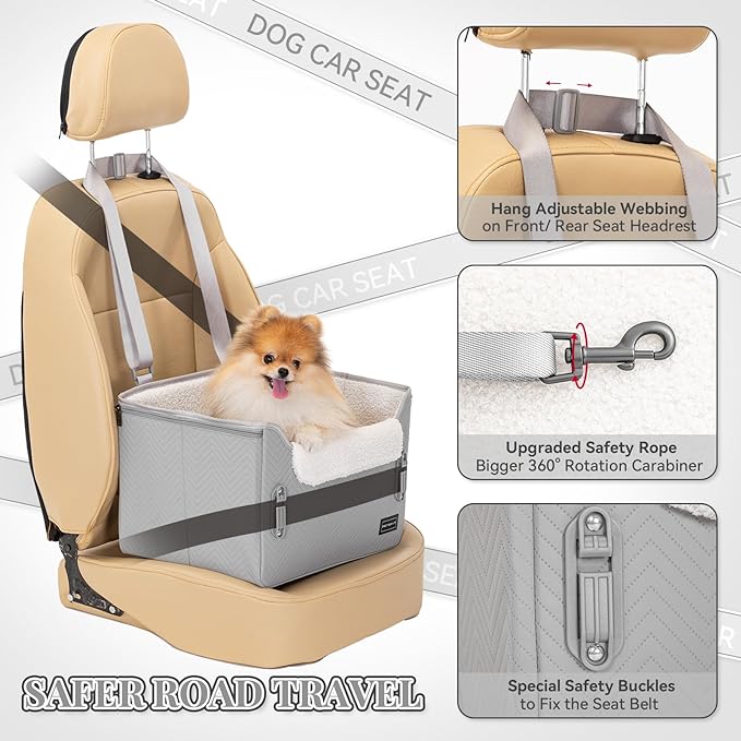 PETSFIT Dog Booster Seat, Portable Dog Car Seats for Small Dogs with Clip-On Leash, Patent Safe Buckles, Dog Booster Car Seat Suitable for Small Pets Up to 25lbs (Light Grey)