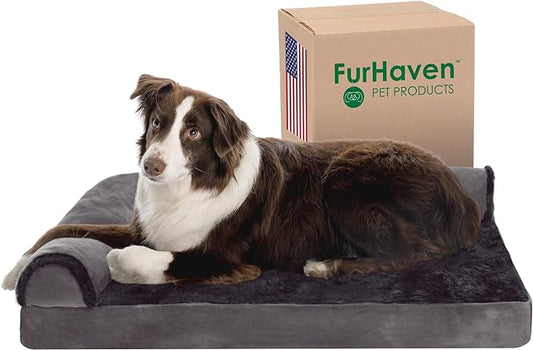 Furhaven Memory Foam Dog Bed for Large/Medium Dogs w/ Removable Bolsters & Washable Cover, For Dogs Up to 55 lbs - Plush & Velvet L Shaped Chaise - Platinum Gray, Large