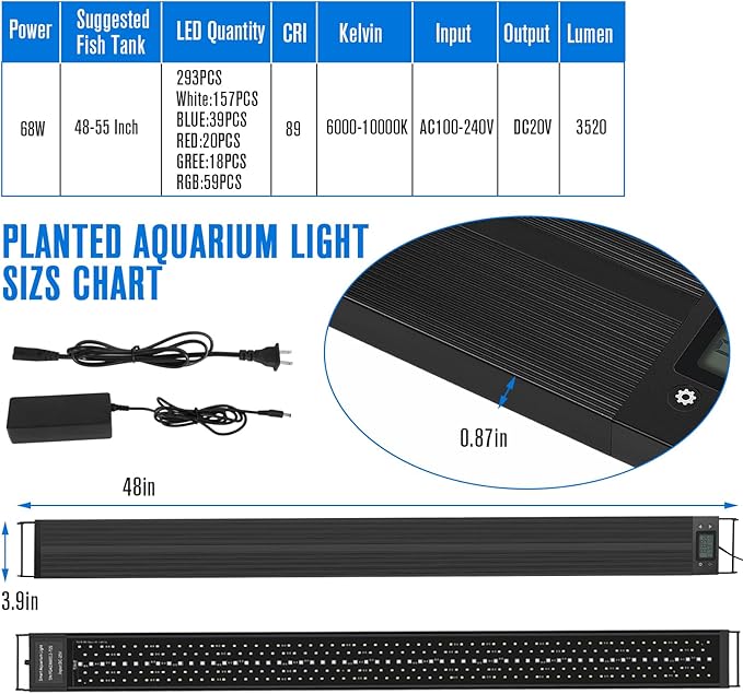 Aquarium Light 48-55 Inch Fish Tank Light LED Full Spectrum with Timer Auto On/Off Extendable Bracket Aquarium Plant Light for Freshwater Planted Tank Sunrise Sunset Adjustable Multi-Color