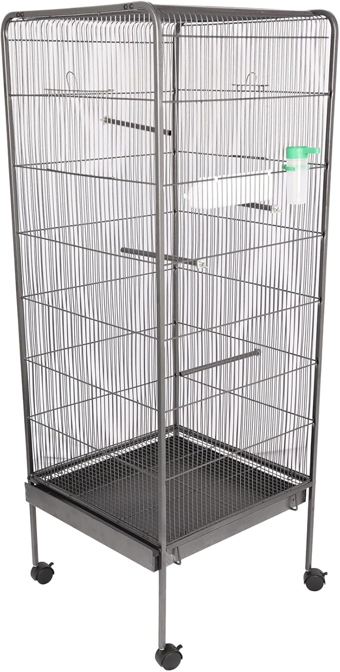 Steel Bird Cage with Rolling Stand, Plastic Feeder, PP Slide-Out Tray Large Flight Cage for Parrots, Parakeets, Cockatiels, Pigeons and Lovebirds Big Bird Cage Antique Gray As Shown