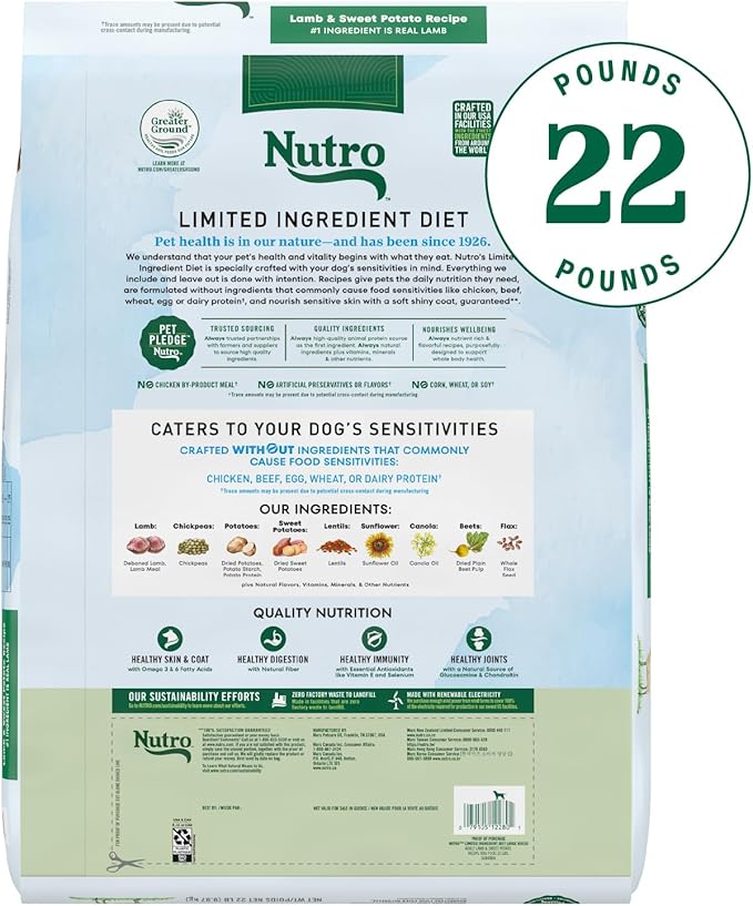 NUTRO Limited Ingredient Diet Adult Large Breed Dry Dog Food Lamb & Sweet Potato Dog Kibble, 22 lb. Bag