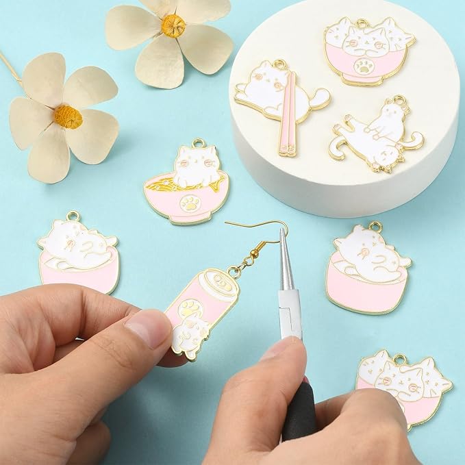KitBeads 12pcs 6 Styles Cat Charms Enamel Pet Food Charms Drink Noodle Chopsticks Cute Animal Pink Kitten Charms for Jewelry Making Bulk