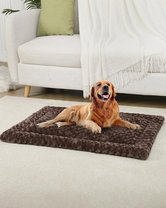 Washable Dog Bed Mat Reversible Dog Crate Pad Soft Fluffy Pet Kennel Beds Dog Sleeping Mattress for Large Jumbo Medium Small Dogs, 41 x 27 Inch, Brown