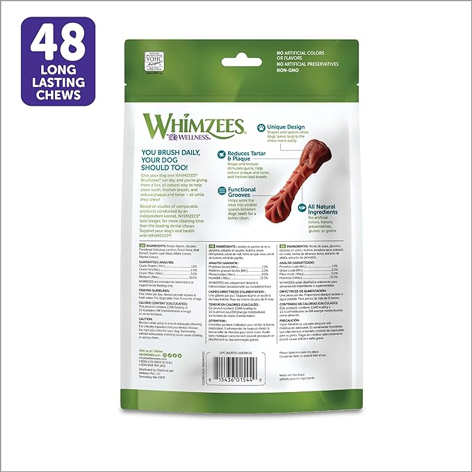 WHIMZEES by Wellness Brushing Dental Chews For Dogs, Grain-Free, Long Lasting Treats, Freshens Breath Extra Small Breed, 48 Count