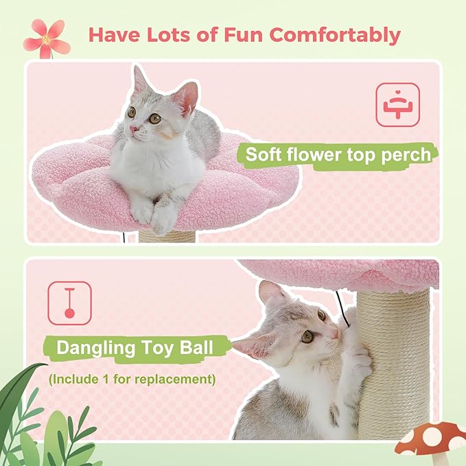 PETEPELA Flower Cat Scratching Post, Mushroom Cat Scratcher Cute with Thick Scratching Post [Dia=3.5''] & Removable Flower Cat Bed, Tall Cat Post for Kittens and Indoor Small Cats, Pink