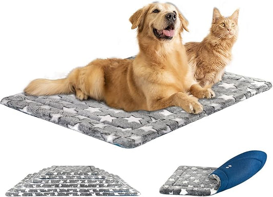KROSER Fancy Dog Crate Pad Dog Bed Mat Reversible (Cool & Warm), Dog Bed Pad with Machine Washable, Dog Crate mat for Small to XXX-Large Dogs, Grey, Navy, Star Pattern