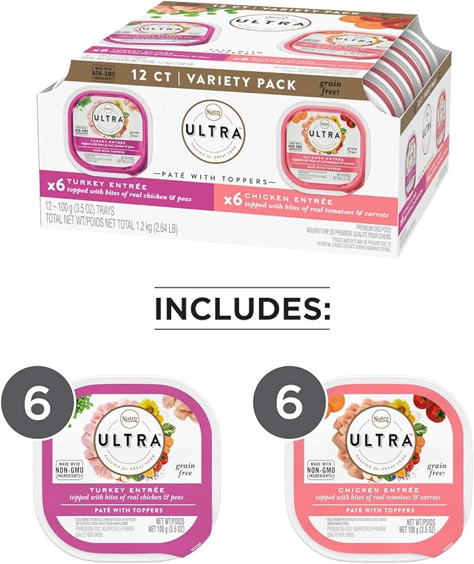 NUTRO ULTRA Adult Grain Free Soft Wet Dog Food, Variety Pack, Chicken Entrée Paté and Turkey Entrée Paté with Toppers, 3.5 oz. Trays, Pack of 12