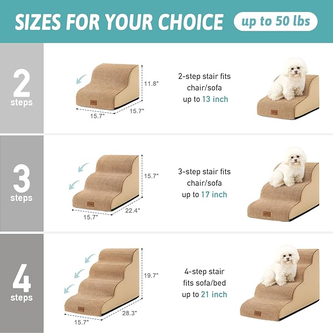 Dog Stairs for Couch or Low Bed, Small Dogs Ramp with Leakproof Fabric Cover, Foam Pet Step for Cat or Sofa, Lightweight, Non-Slip, Durable, Comfort, 15.7x22.4x15.7in, Light Brown, 3 Tiers