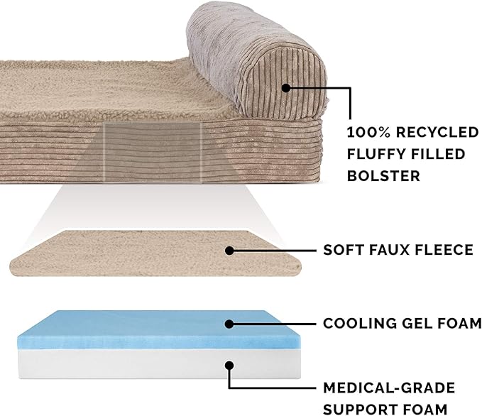 Furhaven Cooling Gel Dog Bed for Large Dogs w/ Removable Bolster & Washable Cover, For Dogs Up to 125 lbs - Fleece & Corduroy Bolster Chaise - Sandstone, Jumbo Plus/XXL