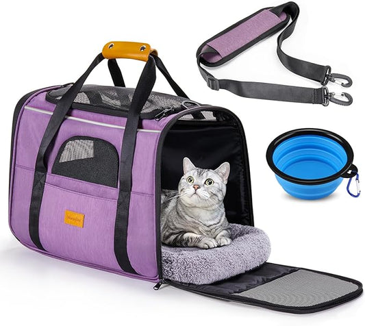 Morpilot Portable Cat Carrier - Soft Sided Cat Carrier for Medium Cats and Puppy up to 15lbs, Pet Carrier with Locking Safety Zippers, Foldable Bowl, Airline Approved Travel Dog Carrier - Purple