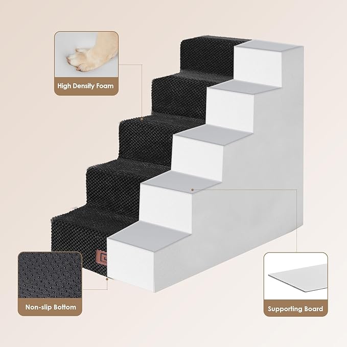 EHEYCIGA Dog Stairs for High Bed 22.5”H, 5-Step Dog Steps for Bed, Pet Steps for Small Dogs and Cats, Non-Slip Balanced Dog Indoor Ramp, Black