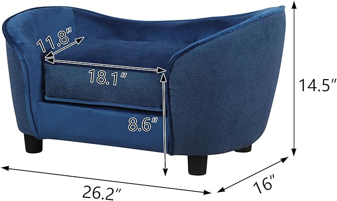 Pet Sofa Bed, Velvet & Linen Fabric Pet Couch Chair with Removeable & Washable Cushion for Small Dogs Cats (Blue)