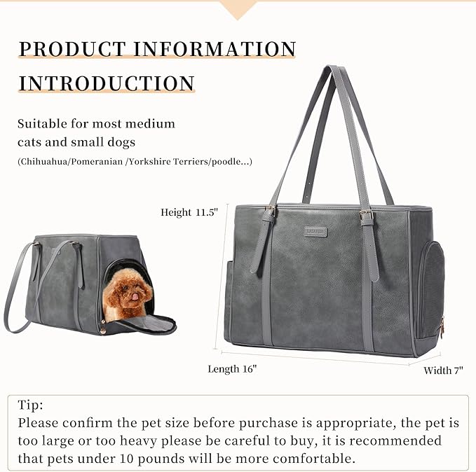 Fashion Dog purse Pet Carrier Leather Bag for Small Dogs Cats Puppy, Portable Tote Bag Airline Approved Soft-Sided Carriers (Grey)