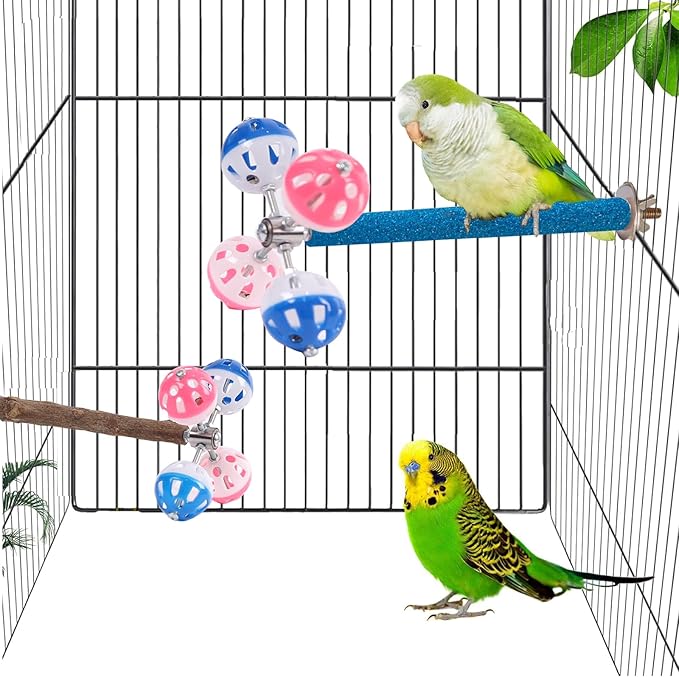 Perch Toy with Rotating Balls Suit for Small and Medium Birds, Budgies, Budgerigars, Parakeets, Parrots, Cockatiels, Parrotlets, Lovebirds, Ringnecks, Conures (Natural Quartz Sands, Blue)