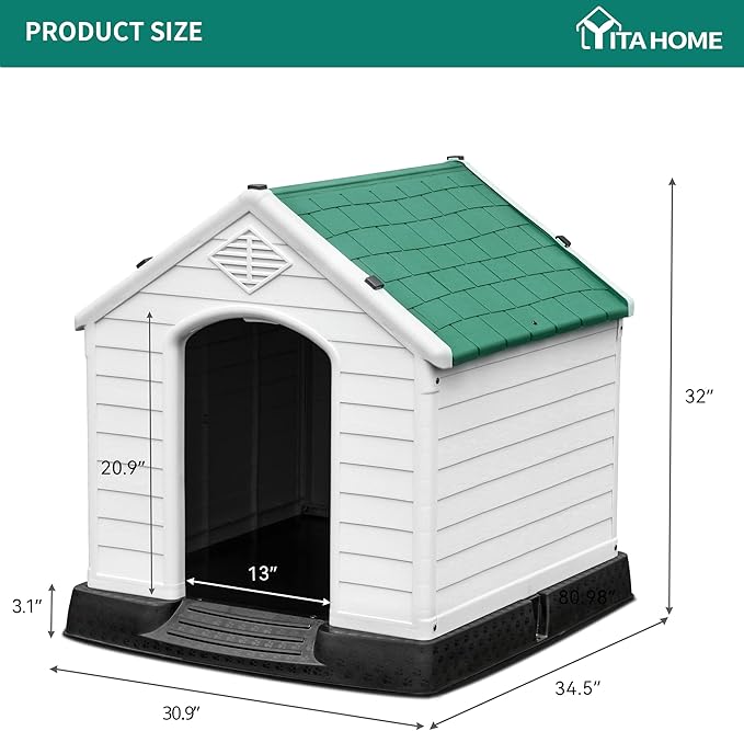 YITAHOME 34.5'' Large Plastic Dog House Outdoor Indoor Doghouse Puppy Shelter Water Resistant Easy Assembly Sturdy Dog Kennel with Air Vents and Elevated Floor (34.5''L*30.9''W*32''H, Green)