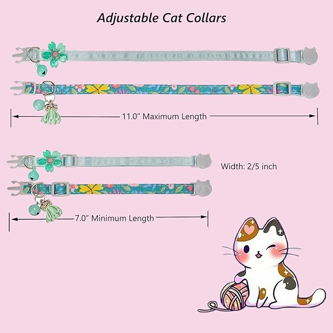 2 Pack Breakaway Cat Collars with Bell, Floral Kitten Collars with Tassel Pandent and Luminours Flower Accessory for Female Male Cats,Green