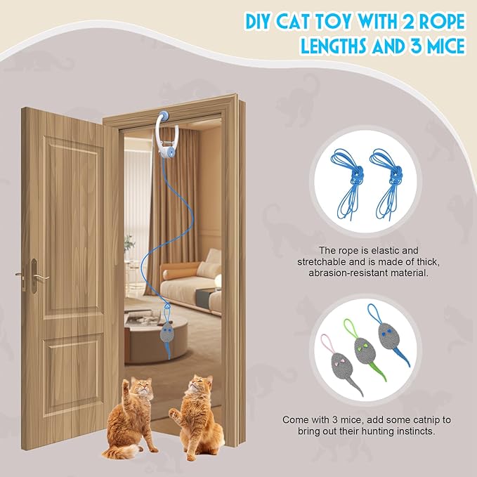 Cat Toy Interactive for Indoor Cats, Smart USB Rechargeable Door Hanging Automatic Retractable Kitten Toys, Teaser Electronic Self Play Feather Cat String Toys Attached with 3 Catnip Mice White