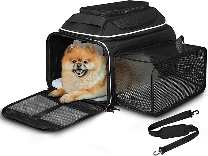 Top and Side Expandable Pet Carrier 17x11x9.5 Inches Alaska Airline Approved, Soft-Sided Carrier for Small Cats and Dogs with Locking Safety Zippers and Anti-Scratch Mesh(Black)