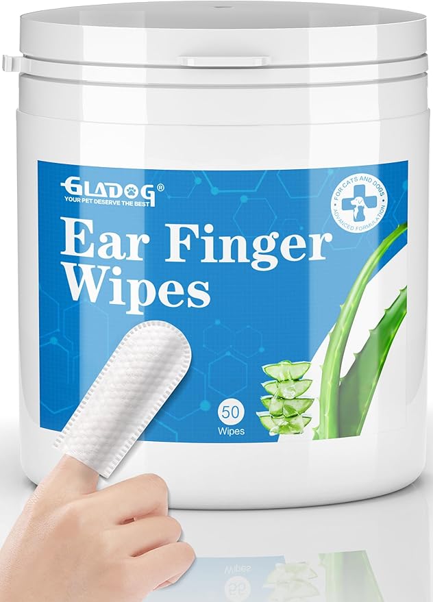 GLADOG Dog Ear Cleaner Finger Wipes, Ear Finger Wipes for Dogs Cats, Gently Removes Dirt & Odor, Dissolves Wax Build-Up, Easy to Use, Ear Cleaning Finger Wipes for Dogs (1.75in 50 Count)