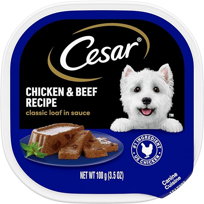 CESAR Adult Wet Dog Food Classic Loaf in Sauce Chicken & Beef Recipe, 3.5 oz. Easy Peel Trays, Pack of 24