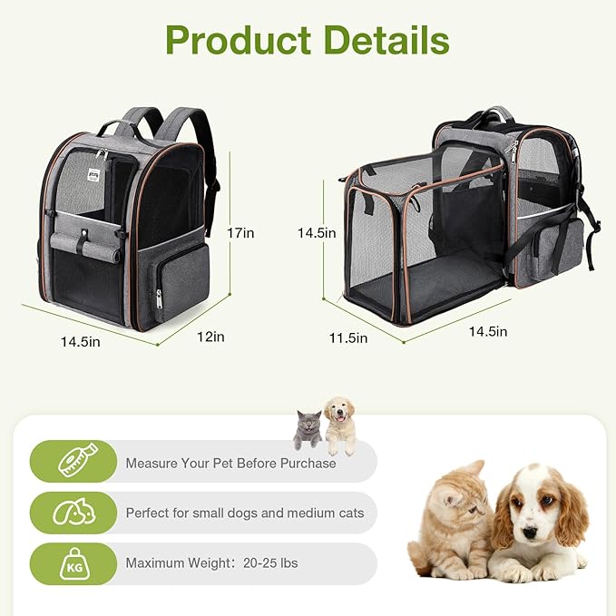 Lekebobor Large Cat Backpack Carrier Expandable Pet Carrier Backpack for Small Dogs Medium Cats Fit Up to 18 Lbs, Dog Backpack Carrier, Foldable Puppy Backpack Carrier for Travel, Hiking,Grey