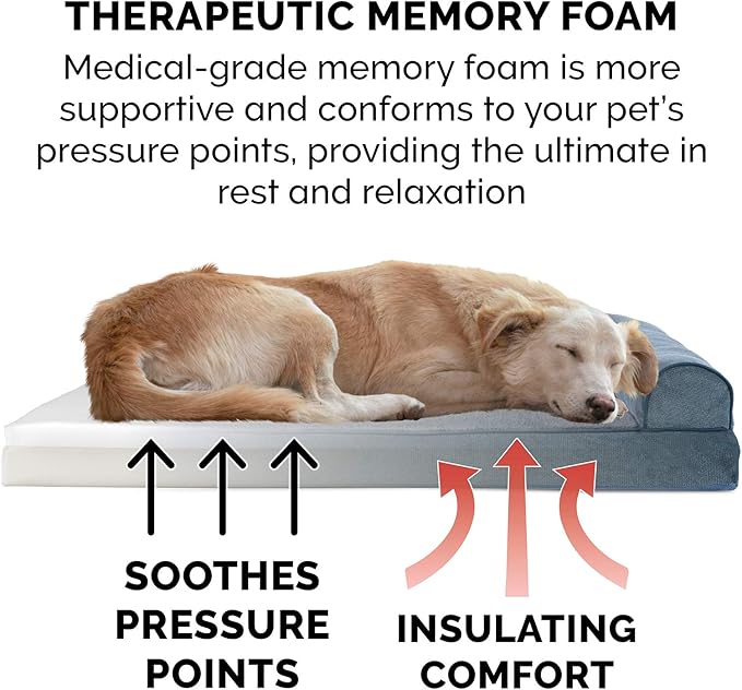 Furhaven Memory Foam Dog Bed for Large Dogs w/ Removable Bolsters & Washable Cover, For Dogs Up to 95 lbs - Sherpa & Chenille Sofa - Orion Blue, Jumbo/XL
