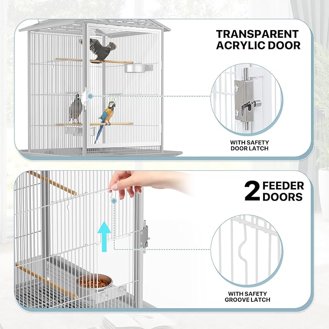 MoNiBloom 54 Inch Bird Cage w/Acrylic Door, Open Top Roof Birdcage for Finches Canaries Lovebirds Medium Small Parrots, Flight Birdcage w/Rolling Stand, White