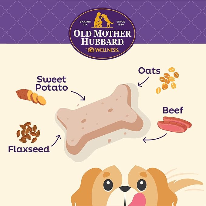 Old Mother Hubbard by Wellness Soft & Chewy Beef & Sweet Potato Natural Dog Treats, Crunchy Oven-Baked Biscuits, Ideal for Training, Mini Size, 8 ounce bag